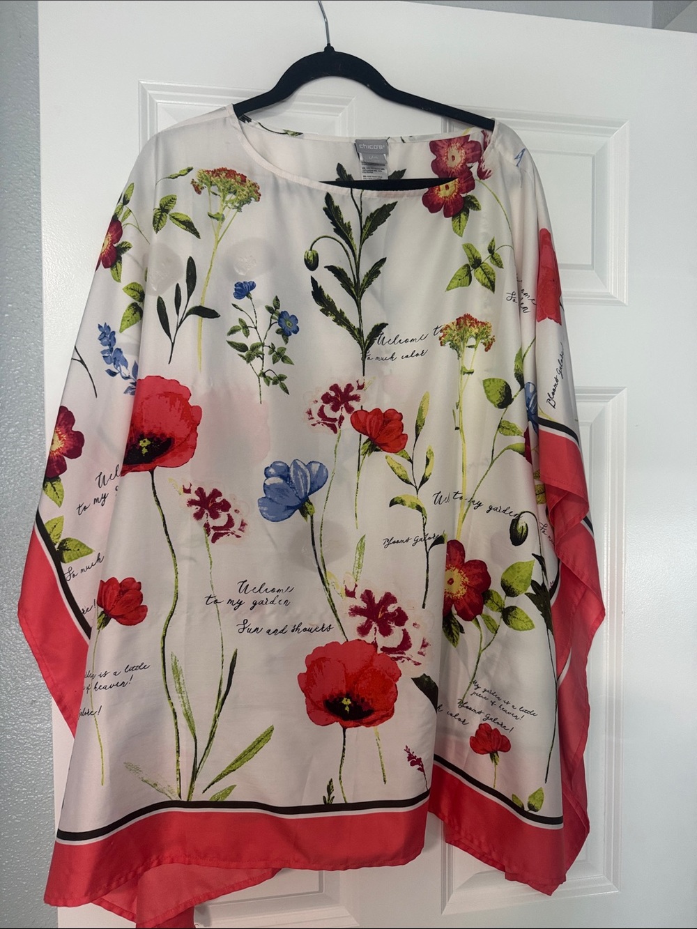 Chico's White Floral Poncho Top with Coral Trim - Picture 2 of 3